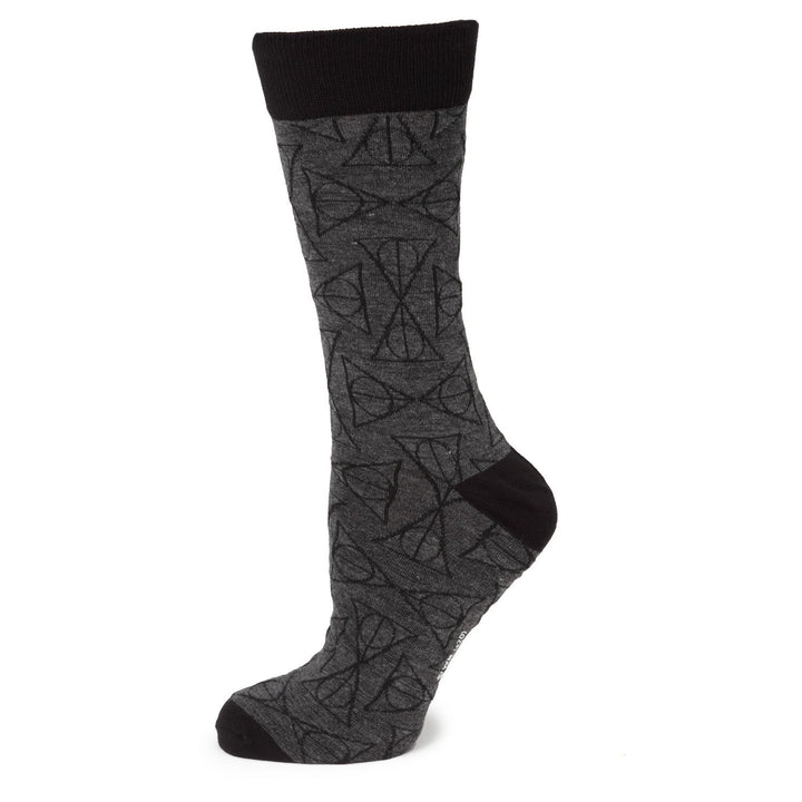 Gray crew sock from the Harry Potter Deathly Hallows Gray Necktie Gift Set with a black heel, toe, and cuff, featuring a repeating Deathly Hallows symbol pattern.