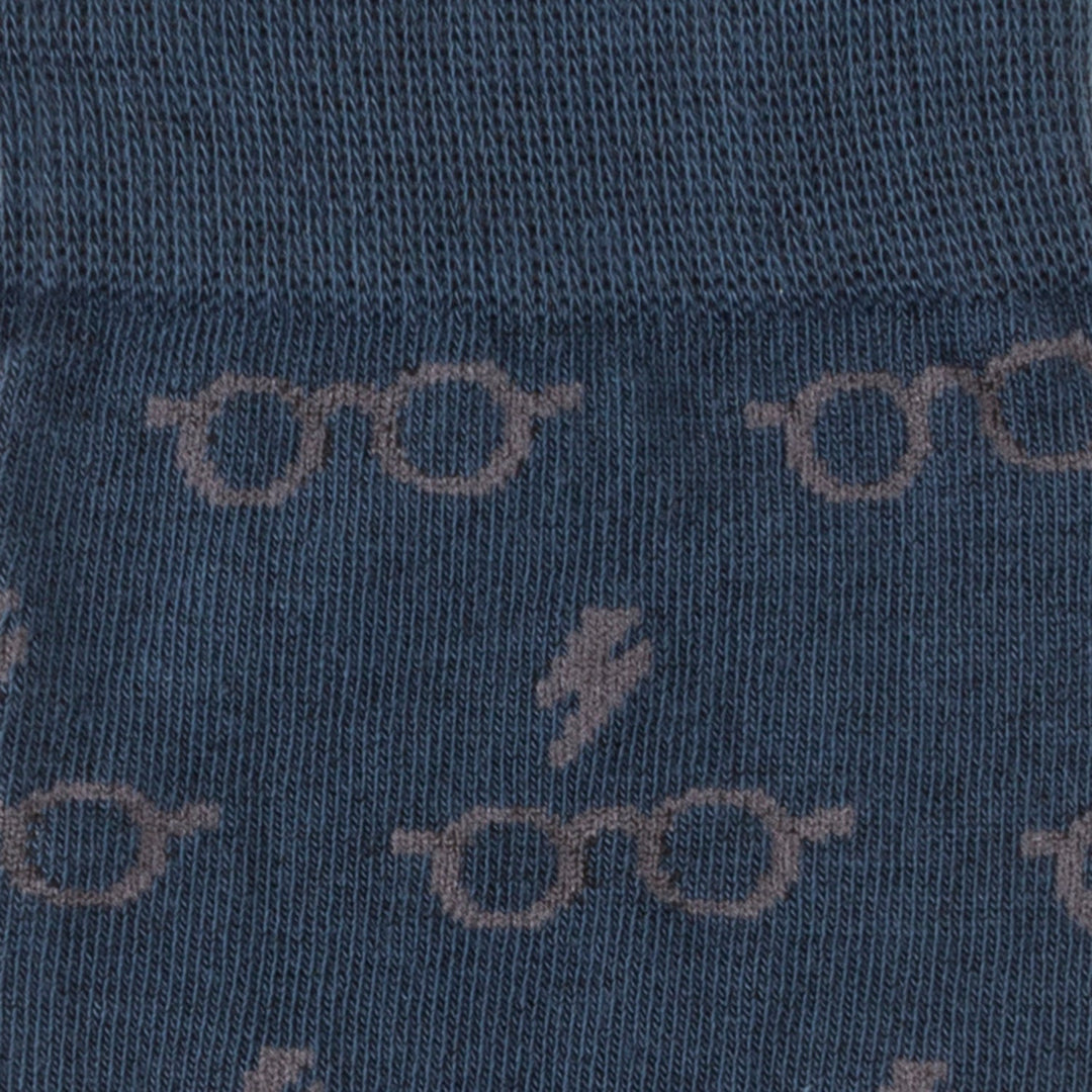 Harry Potter Glasses Navy Men’s Socks in navy blue, patterned with small gray round glasses and lightning bolt icons.