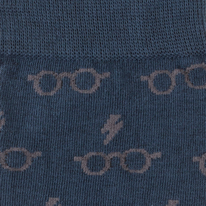Harry Potter Glasses Navy Men’s Socks in navy blue, patterned with small gray round glasses and lightning bolt icons.