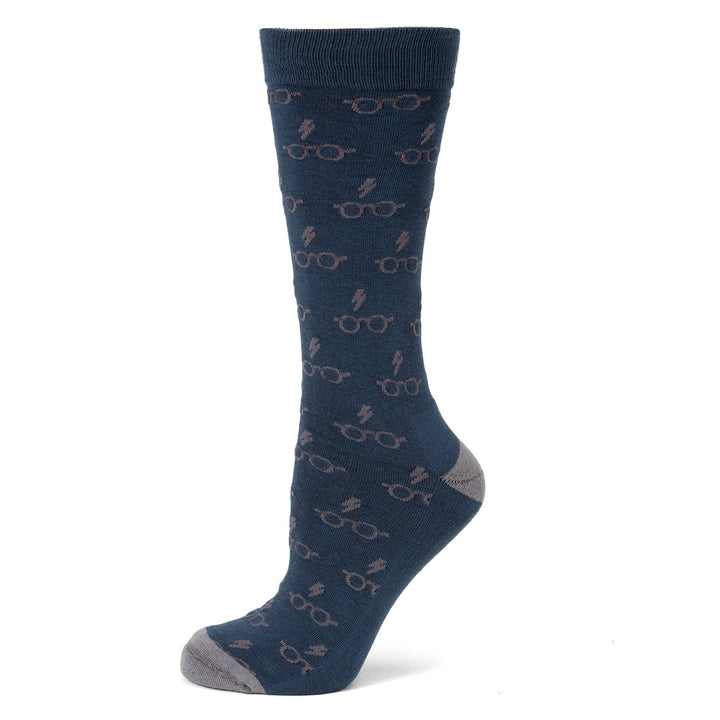 Harry Potter Glasses Navy Men’s Socks in navy blue with a repeating pattern of light-colored round glasses and lightning bolts, featuring grey toe and heel accents.