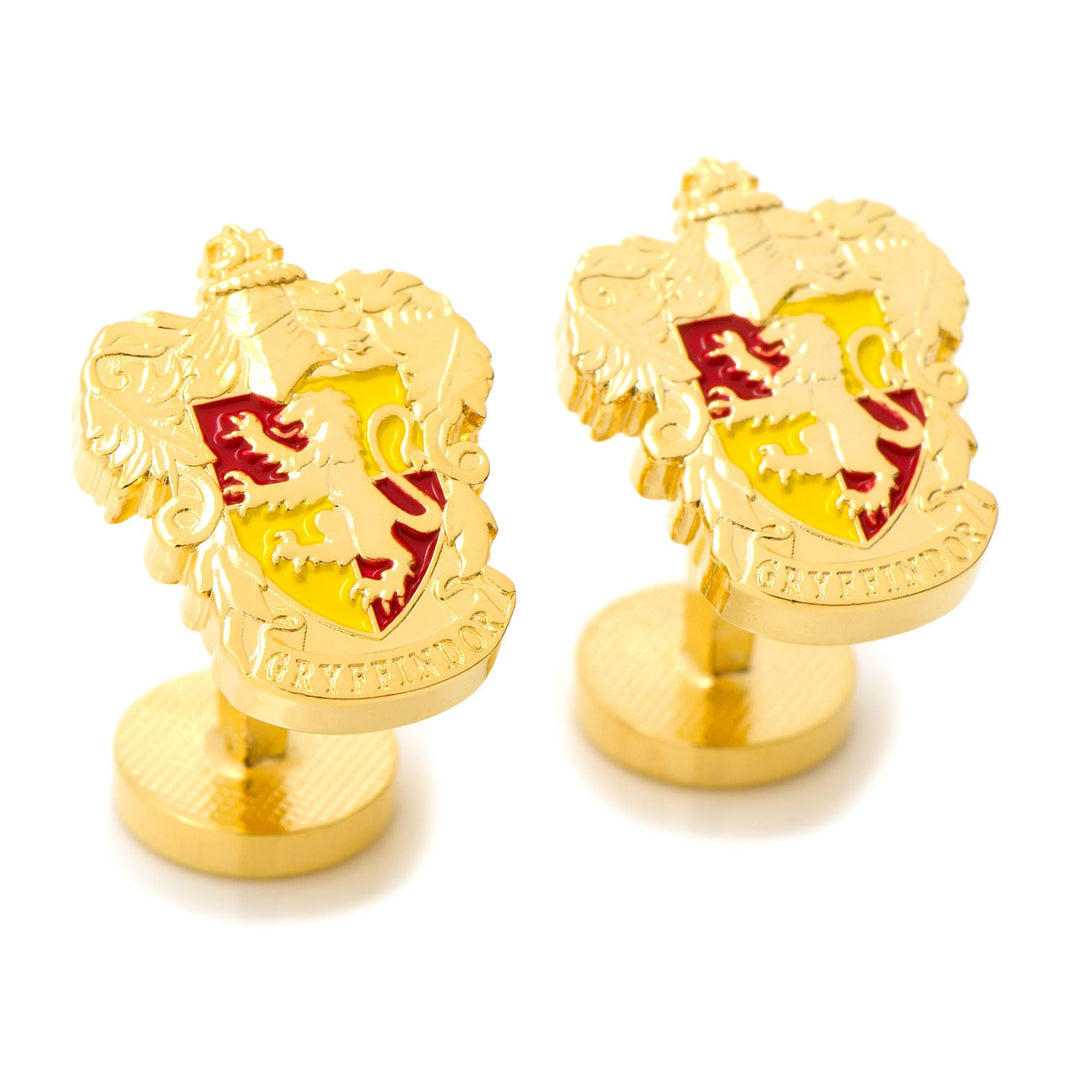 Harry Potter Gryffindor Crest Cufflinks featuring two gold-tone house crests with a red lion on a yellow shield.
