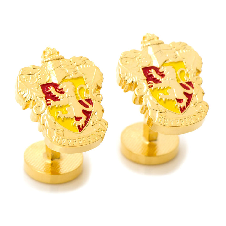 Harry Potter Gryffindor Crest Cufflinks featuring two gold-tone house crests with a red lion on a yellow shield.