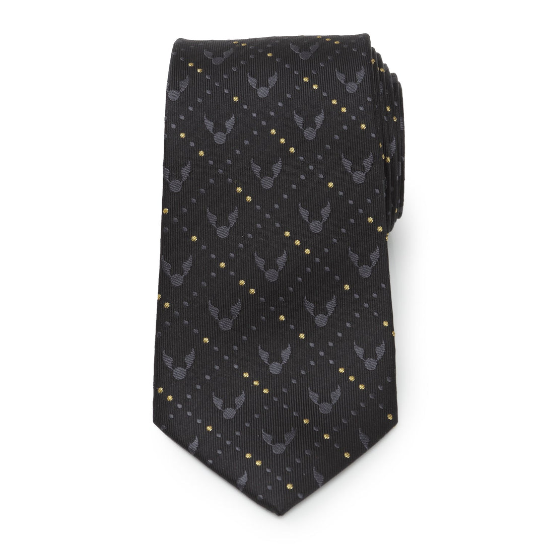 Harry Potter Golden Snitch Black Silk Men’s Tie in black with a repeating pattern of small winged spheres and golden dots.
