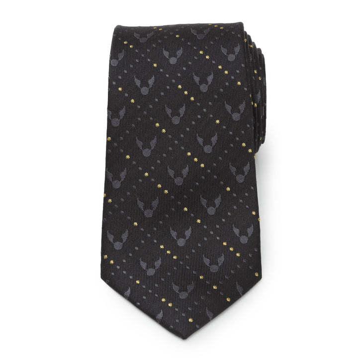 Harry Potter Golden Snitch Black Silk Men’s Tie in black with a repeating pattern of small winged spheres and golden dots.