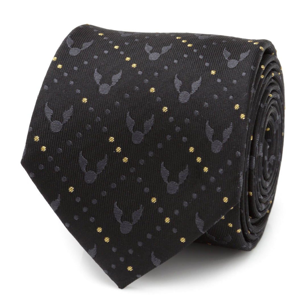 Harry Potter Golden Snitch Black Silk Men’s Tie in black with a repeating pattern of small gray winged balls and tiny gold dots.