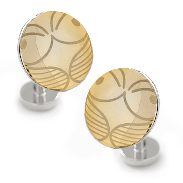 Harry Potter Golden Snitch Hidden Deathly Hallows Locket Cufflinks in a round gold-toned design with engraved wings.