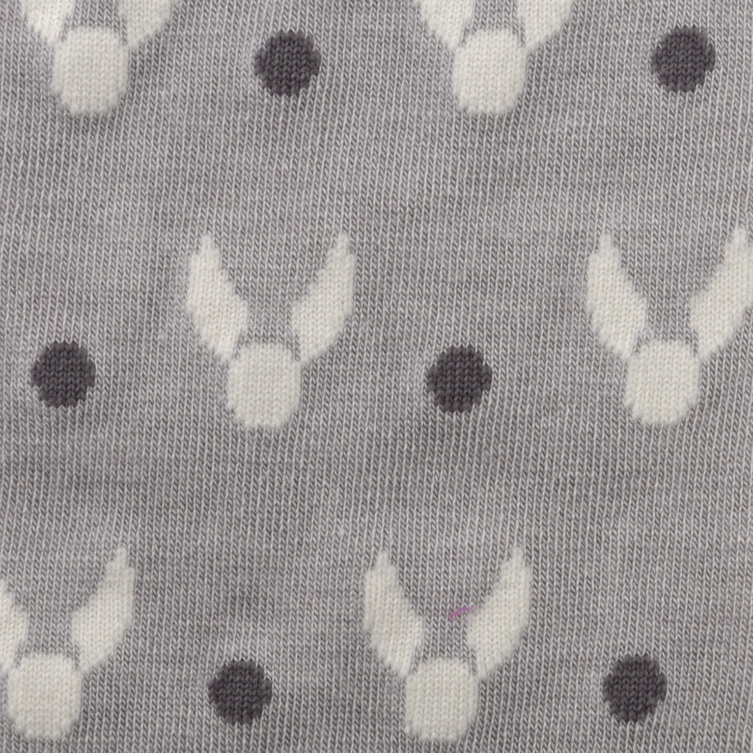 Harry Potter Golden Snitch Gray Men’s Socks in gray with a repeating pattern of white winged spheres and small dark gray polka dots.