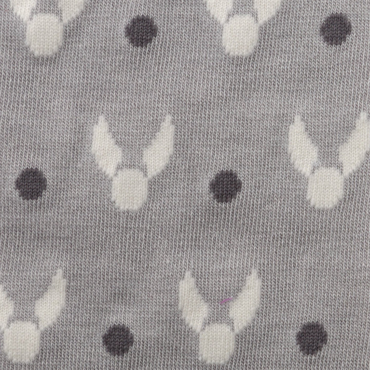 Harry Potter Golden Snitch Gray Men’s Socks in gray with a repeating pattern of white winged spheres and small dark gray polka dots.