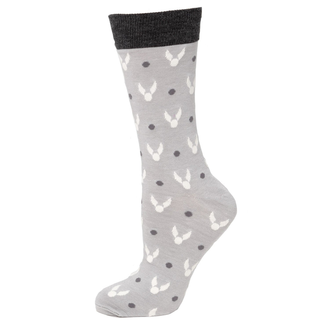 Harry Potter Golden Snitch Gray Men’s Socks in gray, featuring a dark gray cuff, small white winged balls, and dark gray dots.