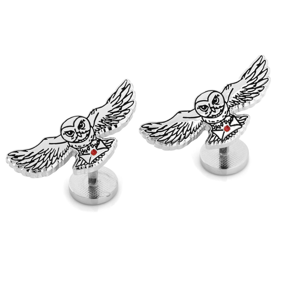 Harry Potter Hedwig Owl Cufflinks shaped like silver-toned flying owls carrying a white letter with a red wax seal.