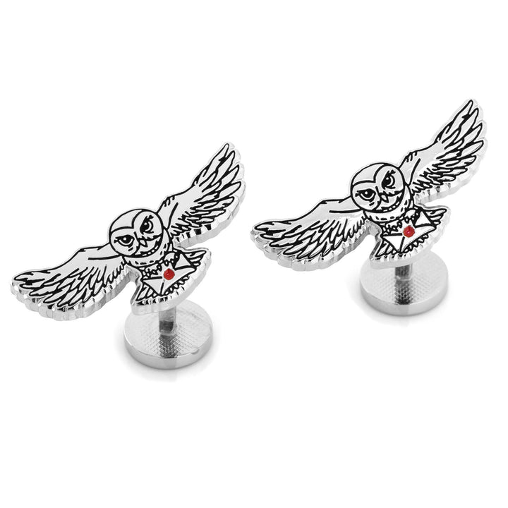 Harry Potter Hedwig Owl Cufflinks shaped like silver-toned flying owls carrying a white letter with a red wax seal.