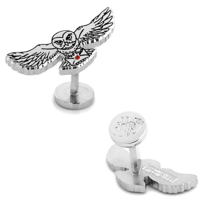 Harry Potter Hedwig Owl Cufflinks in silver-tone, featuring an owl with outstretched wings and a red envelope, with a logo engraved on the circular post back.