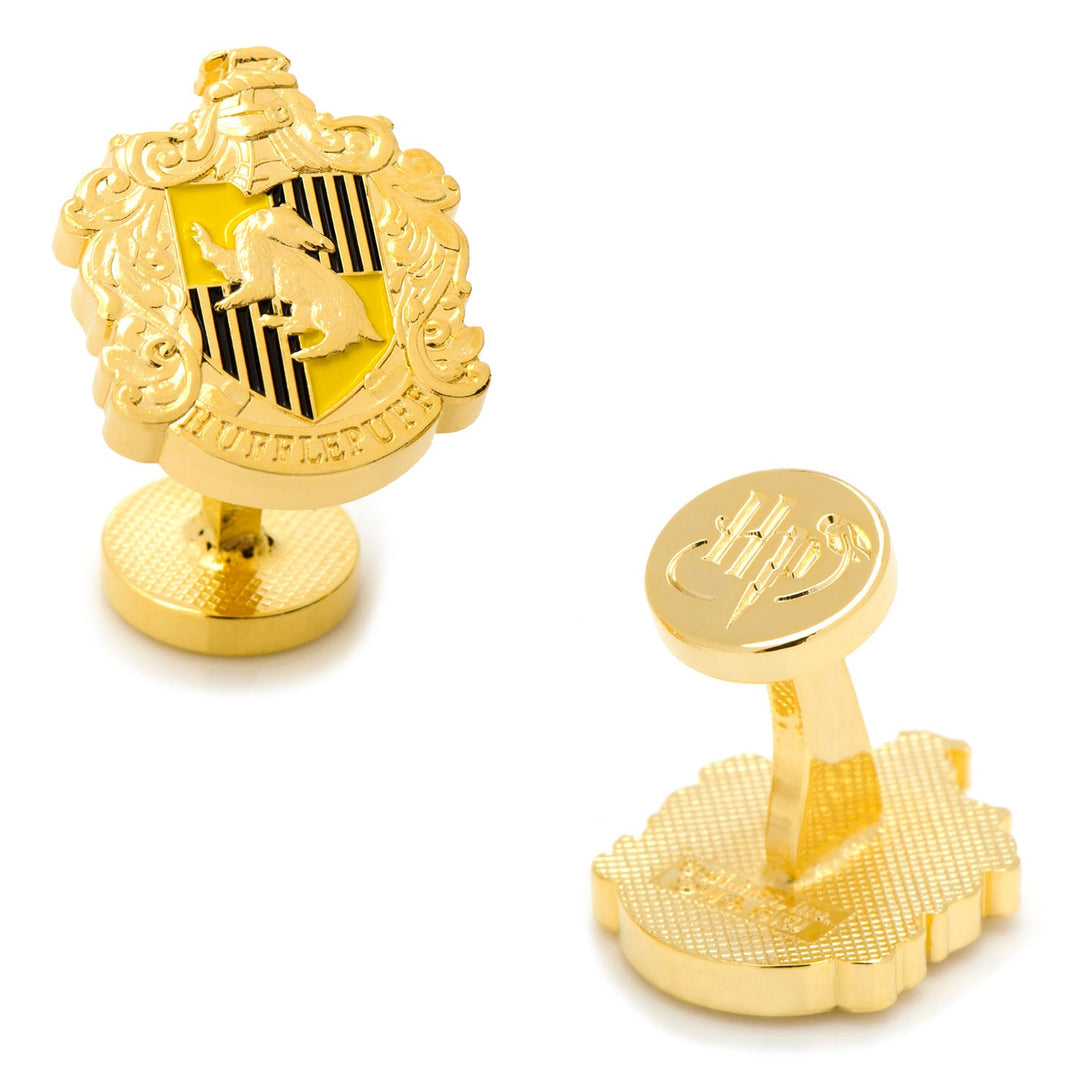 Harry Potter Hufflepuff Crest Cufflinks in gold-tone metal, featuring the house badger on one face and an HP logo on the other.