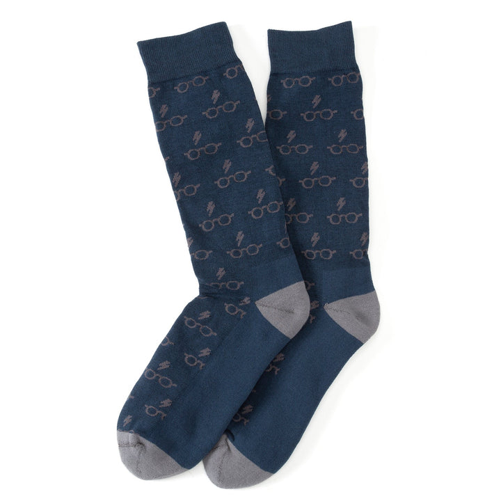 Harry Potter 3 Pack Sock Gift Set featuring two navy blue crew socks with a repeating pattern of glasses and lightning bolts, plus grey toes and heels.