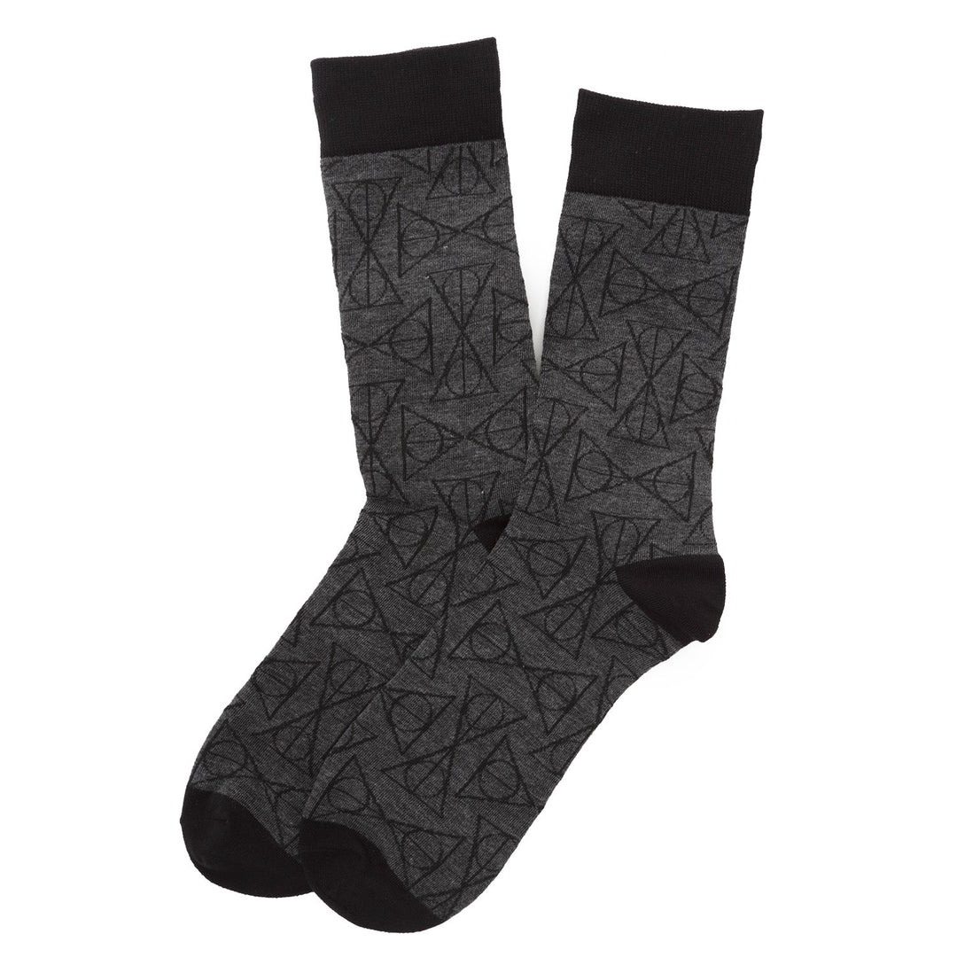 Grey crew socks from the Harry Potter 3 Pack Sock Gift Set, featuring a repeating black Deathly Hallows symbol pattern with black cuffs, heels, and toes.