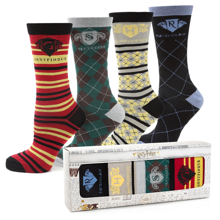 A Harry Potter House 4 Socks Gift Set featuring four pairs of socks, with one pair standing upright and the others arranged in a gift set.