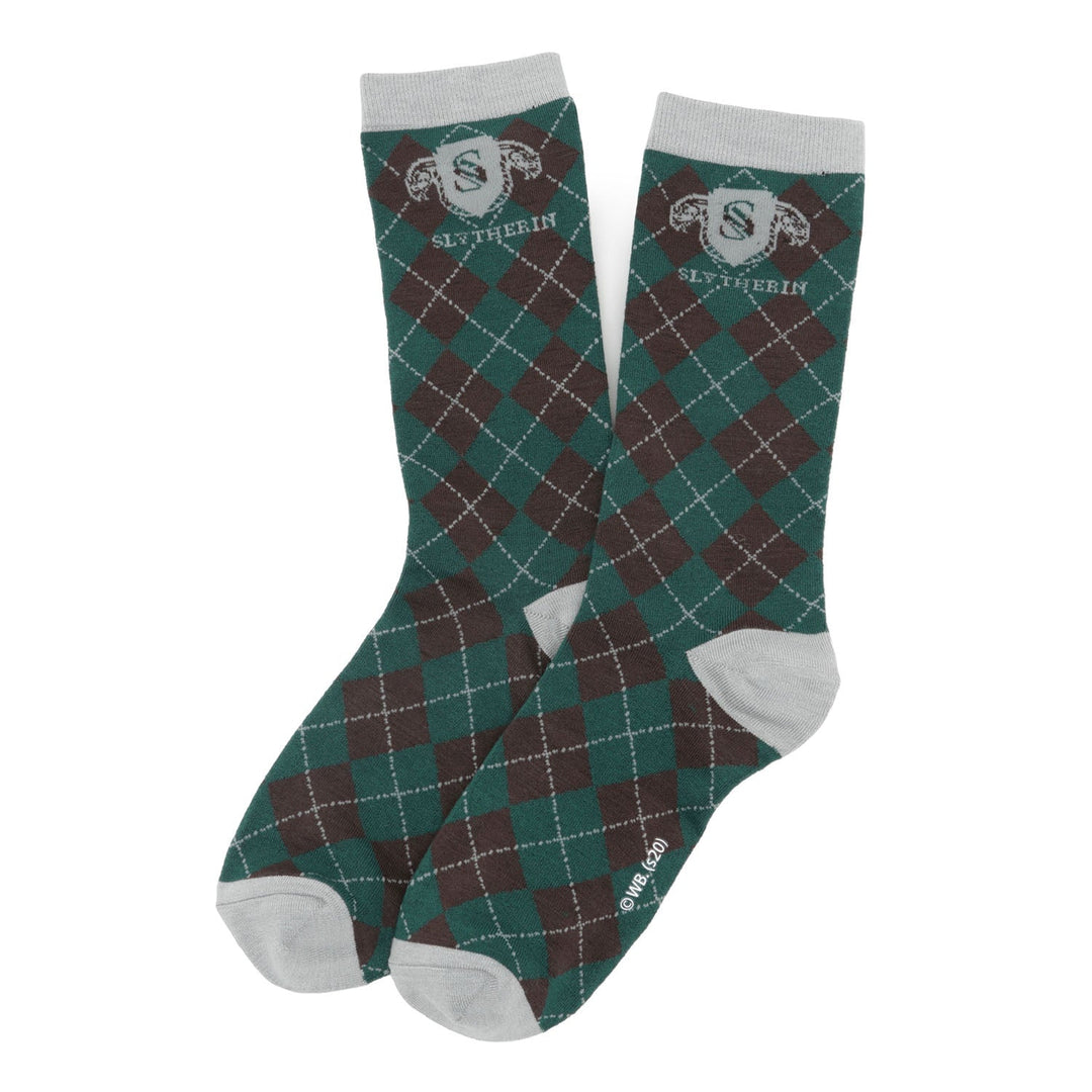 Harry Potter House 4 Socks Gift Set featuring green and brown argyle Slytherin socks with grey cuffs and toes, the house crest, and text at the top.