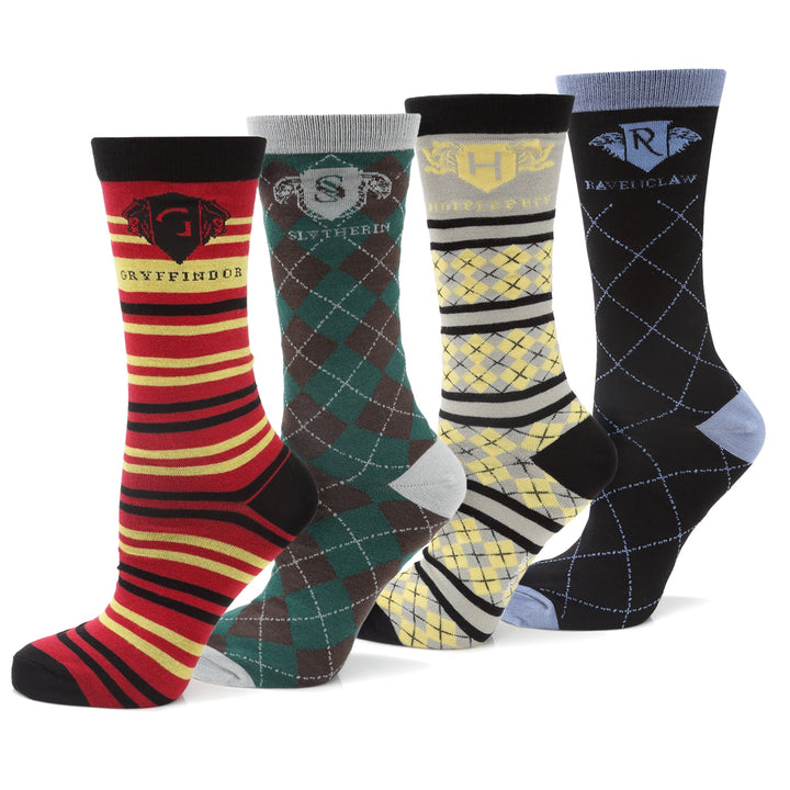 Harry Potter House 4 Socks Gift Set featuring four pairs of crew socks with the crests, colors, and patterns of the four Hogwarts houses.