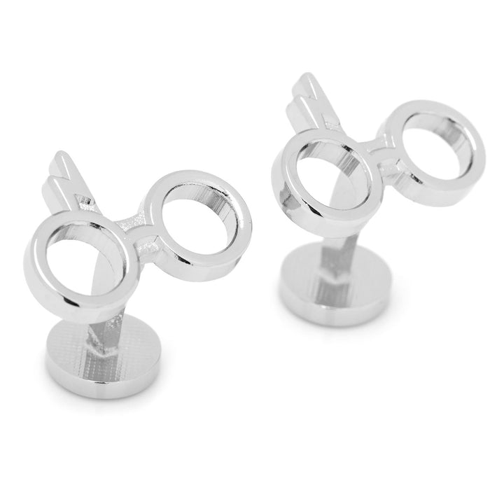 Harry Potter Glasses Cufflinks featuring silver-tone circular wire-rimmed frames with a small lightning bolt detail.