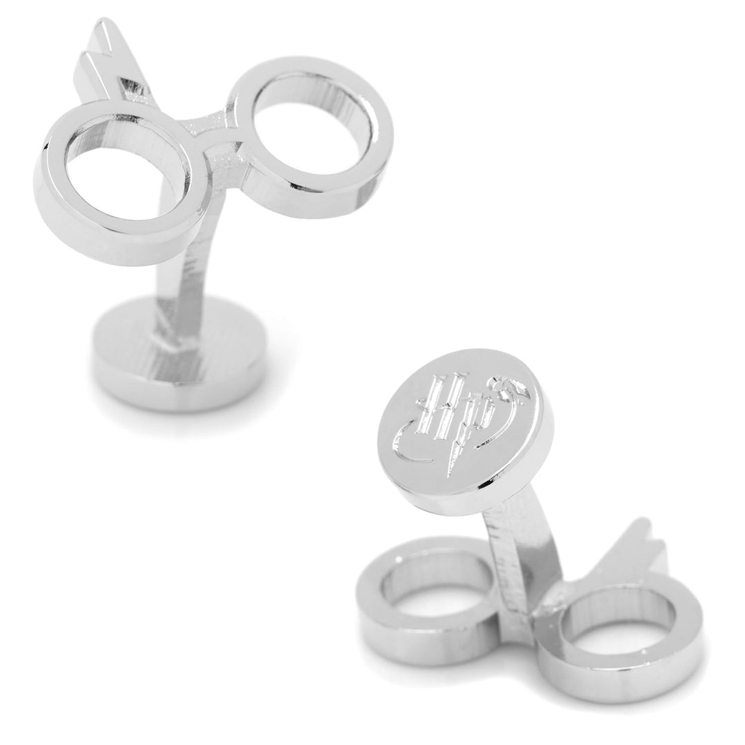 Silver-plated Harry Potter Glasses Cufflinks shaped like round glasses with a lightning bolt, featuring the HP logo on the round toggle backs.