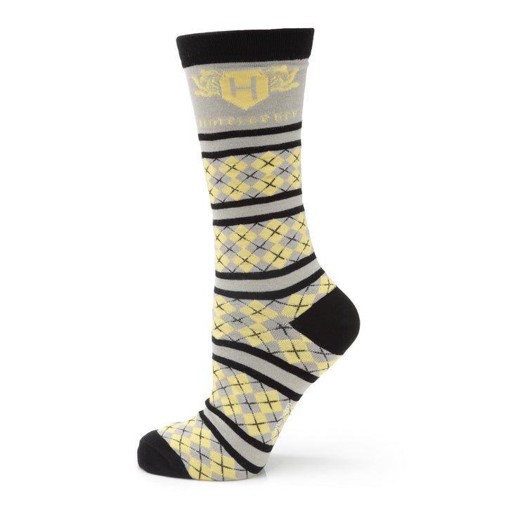 Grey, black, and yellow Harry Potter Hufflepuff Men’s Sock in an argyle pattern featuring an “H” crest at the top.