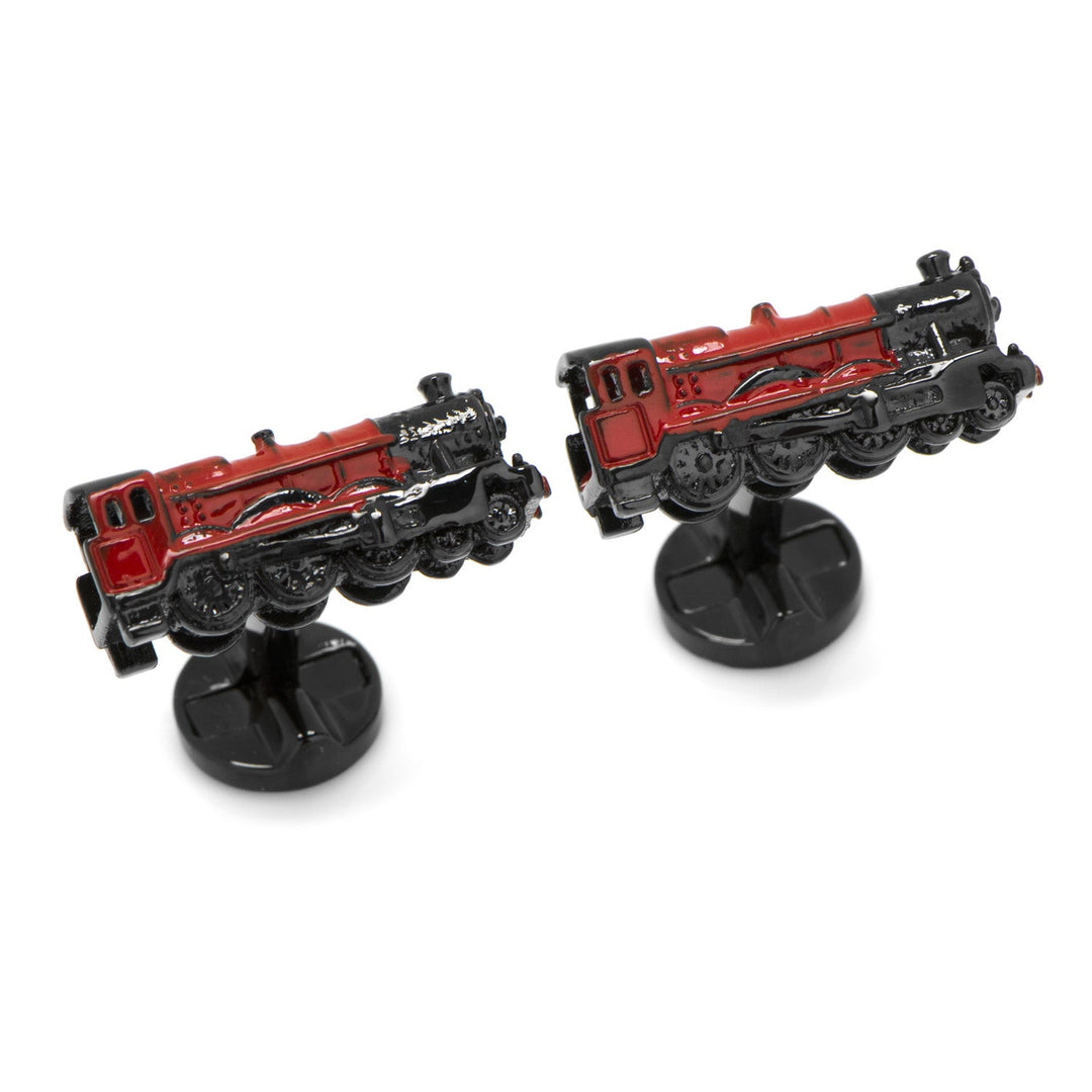 Harry Potter Hogwarts Express 3D cufflinks shaped like red and black steam locomotives.