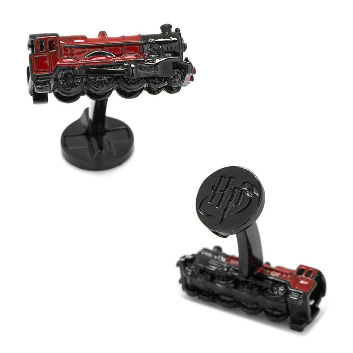 Harry Potter Hogwarts Express 3D Cufflinks shaped like black and red steam locomotives, with one featuring a circular backing embossed with the initials HP.