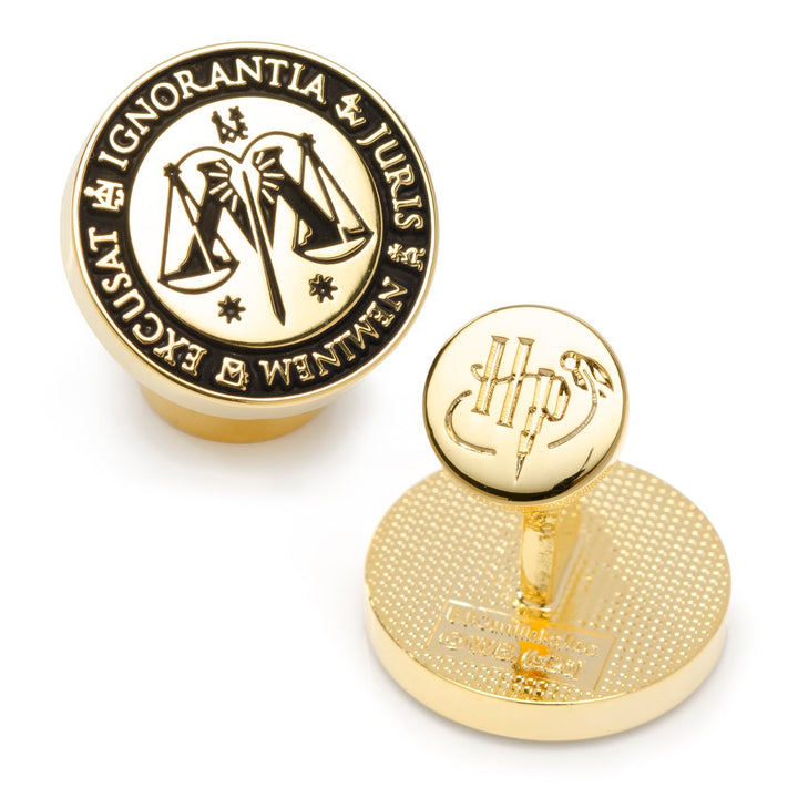 Harry Potter Ministry of Magic Wizengamot Cufflinks in gold-tone, featuring a circular crest with scales of justice and Latin text alongside a rounded stud embossed with the letters “HP”.