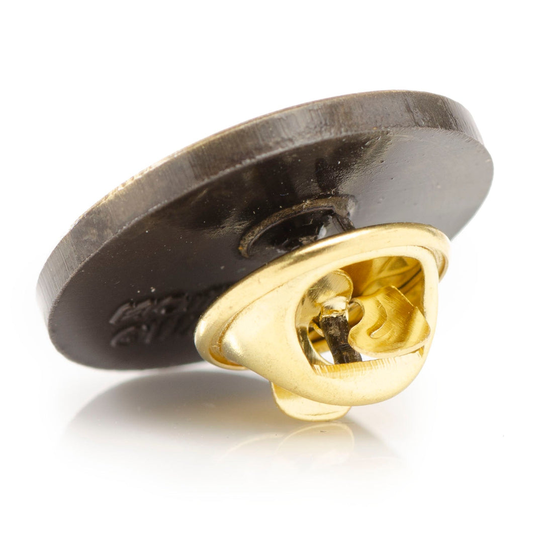 Back view of the Harry Potter Mischief Managed Gold Lapel Pin, showing the round design and gold-tone clutch fastener.