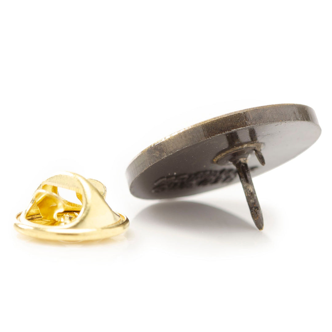 A Harry Potter Mischief Managed Gold Lapel Pin in a gold tone, shown with its back post and separate butterfly clutch fastener.
