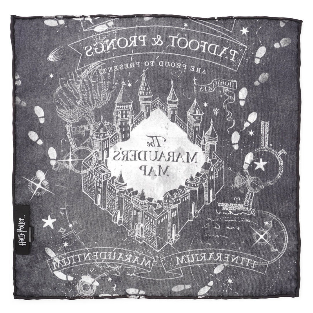 Harry Potter Marauder’s Map Pocket Square featuring a dark gray, stylized map print of Hogwarts with scattered footprints.
