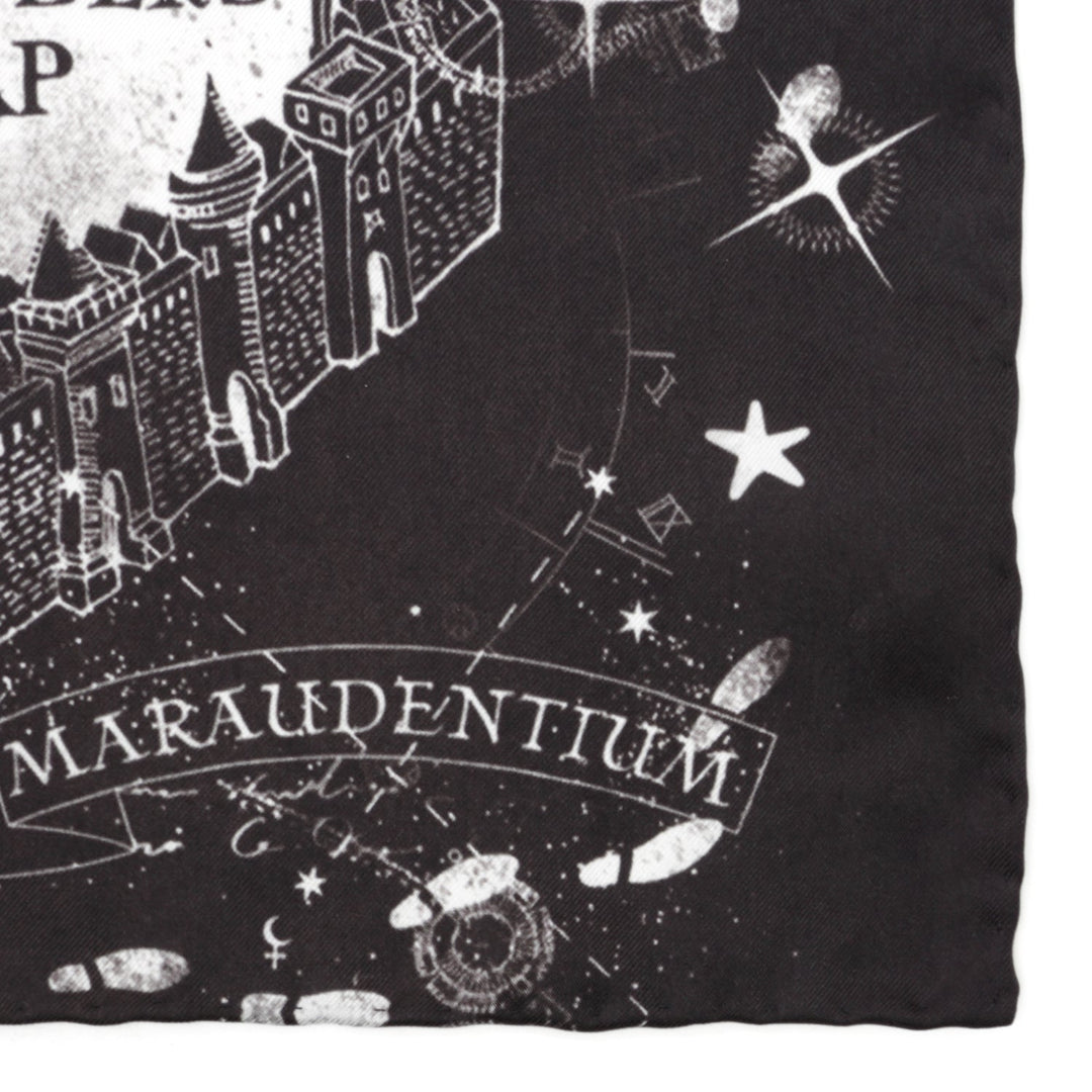 Harry Potter Marauder’s Map Pocket Square in black silk featuring a white line drawing of a castle layout, stars, and the text “Maraudentium.”