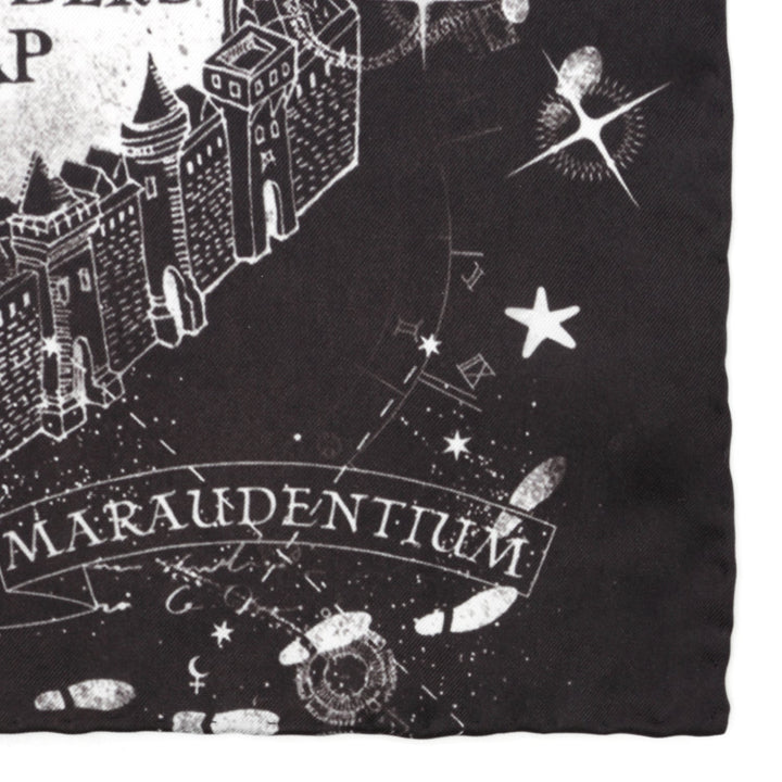 Harry Potter Marauder’s Map Pocket Square in black silk featuring a white line drawing of a castle layout, stars, and the text “Maraudentium.”