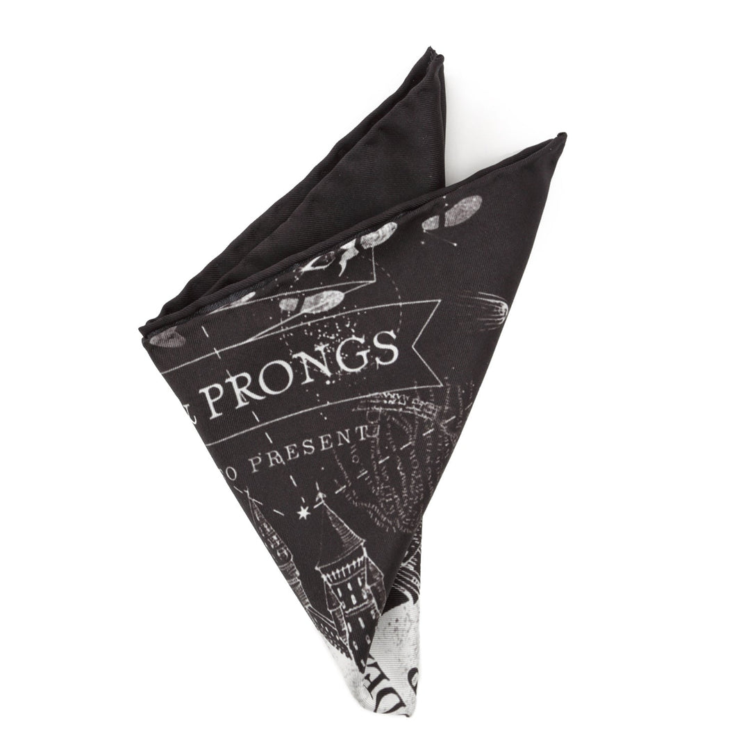 Black silk Harry Potter Marauder’s Map Pocket Square patterned with white Marauder’s Map illustrations, including the text “PRONGS.”