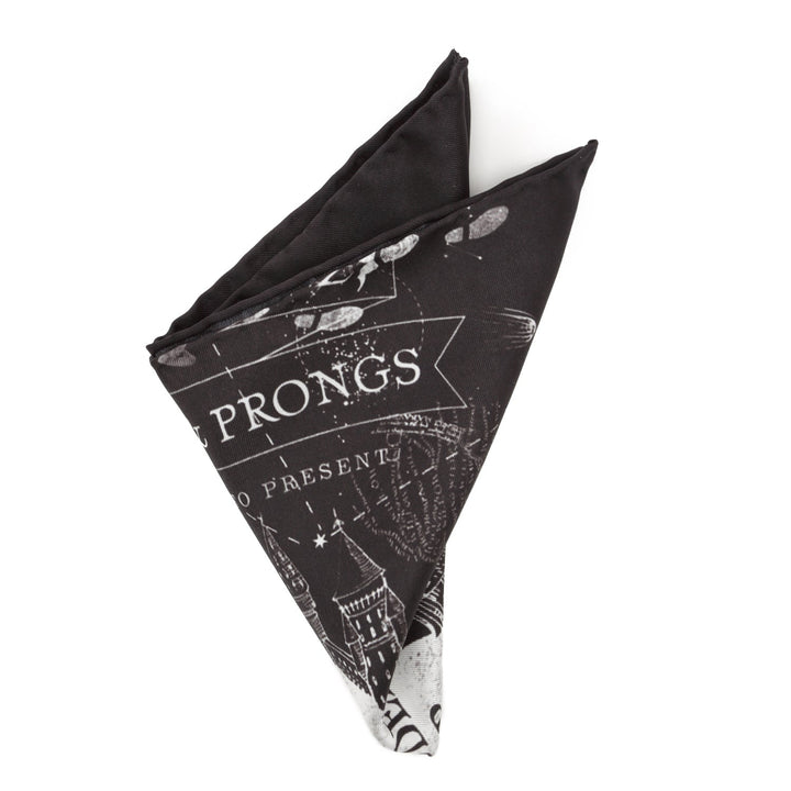 Black silk Harry Potter Marauder’s Map Pocket Square patterned with white Marauder’s Map illustrations, including the text “PRONGS.”