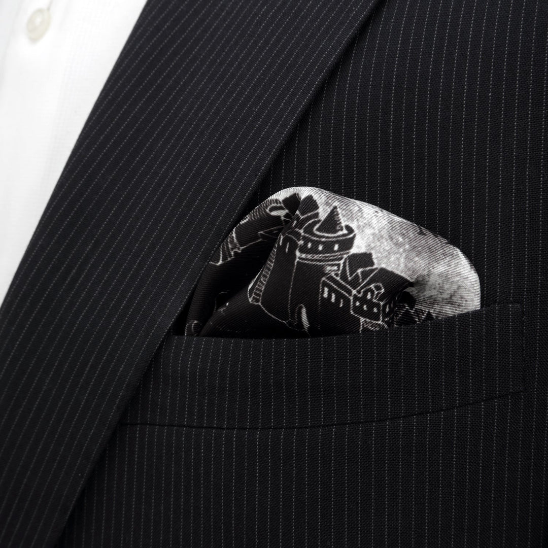 Black and white Harry Potter Marauder’s Map Pocket Square tucked into a black pinstripe suit jacket pocket.