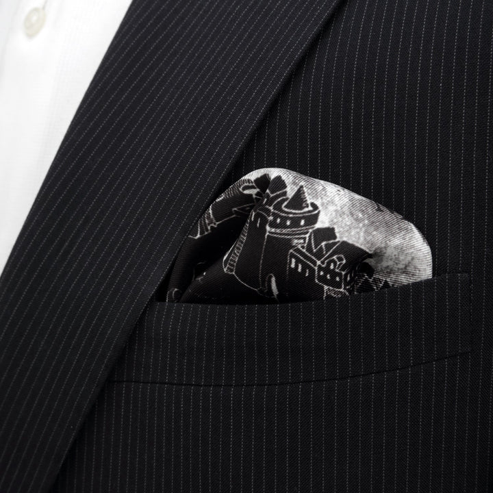 Black and white Harry Potter Marauder’s Map Pocket Square tucked into a black pinstripe suit jacket pocket.