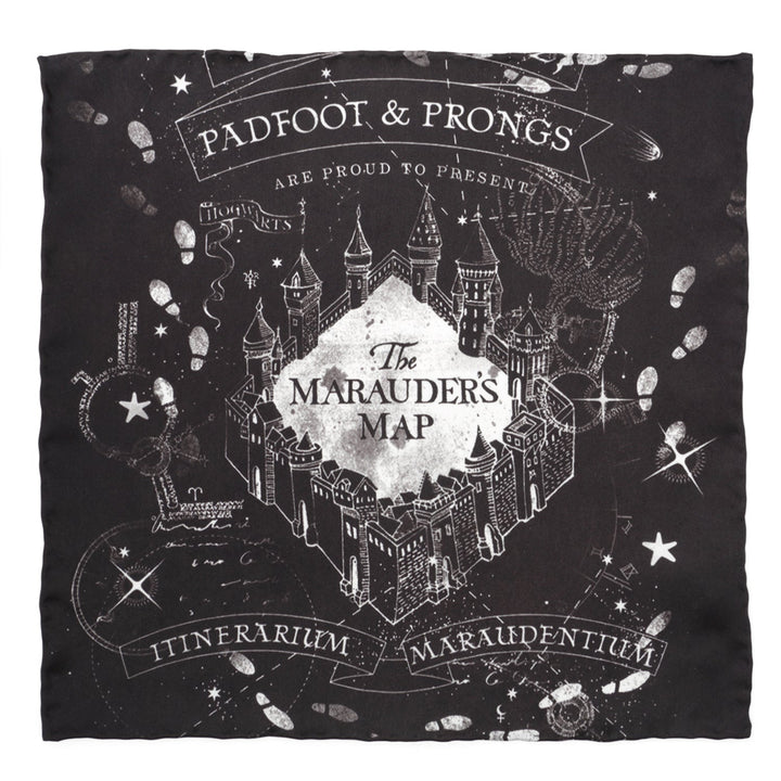Black Harry Potter Marauder’s Map Pocket Square featuring white ink illustrations and text reading “Padfoot &amp; Prongs,” “The Marauder’s Map,” and “Itinerarium Maraudentium.”