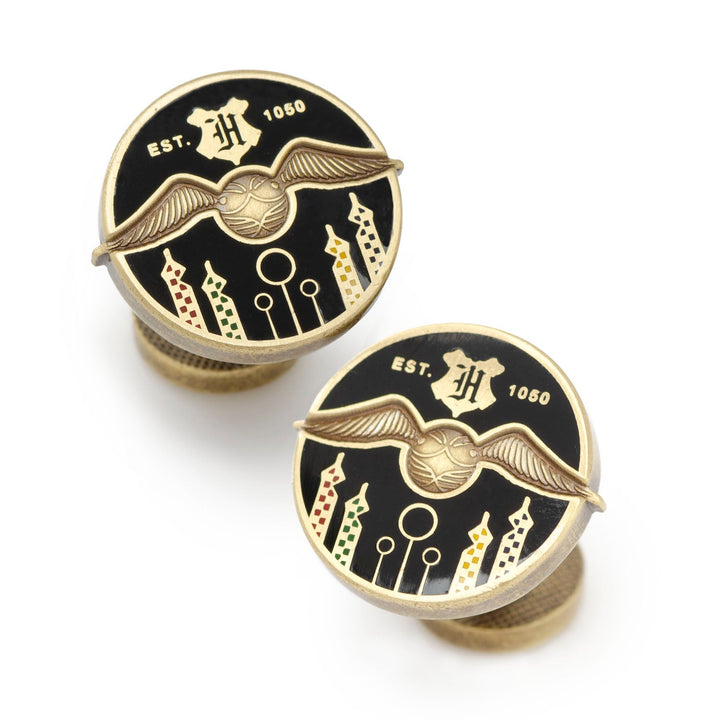Harry Potter Quidditch Field Cufflinks featuring round gold snitches, the letter “H,” and Quidditch goal posts on a black background.