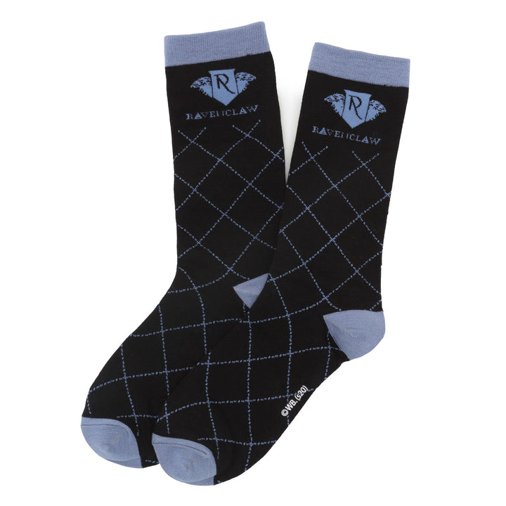 Harry Potter Ravenclaw Men’s Sock, black crew style with a blue diamond pattern, blue heels and cuffs, and a Ravenclaw house crest at the top.