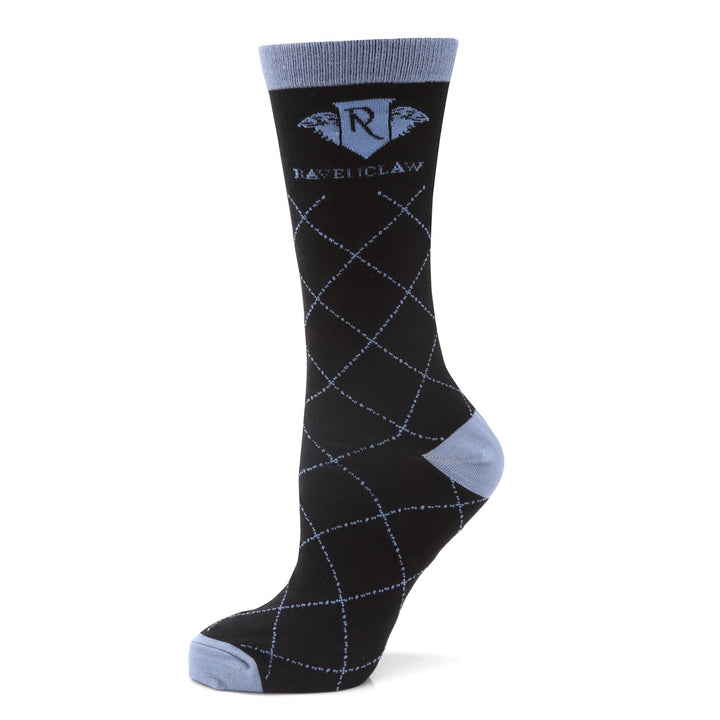 Harry Potter Ravenclaw Men’s Sock, black crew socks with a blue diamond pattern, blue heel and toe, and a Ravenclaw house crest at the top.