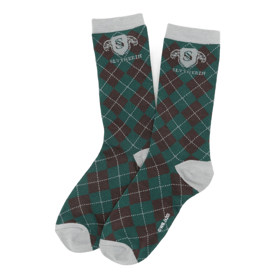 Harry Potter Slytherin Men’s Sock featuring green and brown argyle patterns and the house crest at the top.