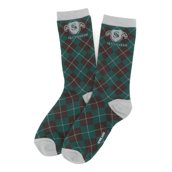 Harry Potter Slytherin Men’s Sock featuring green and brown argyle patterns and the house crest at the top.