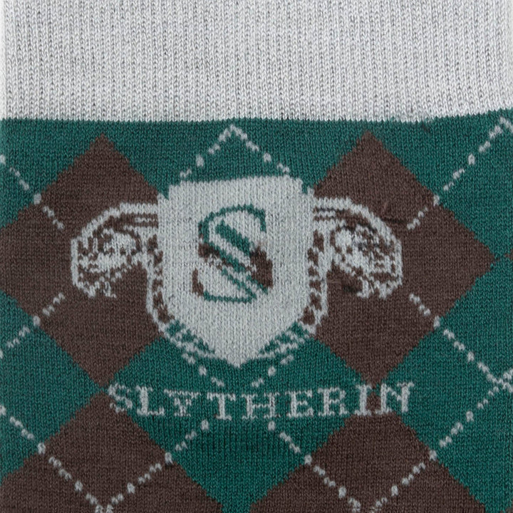 Harry Potter Slytherin Men’s Sock in green and brown argyle, featuring a crest with the letter S and the text “Slytherin.”
