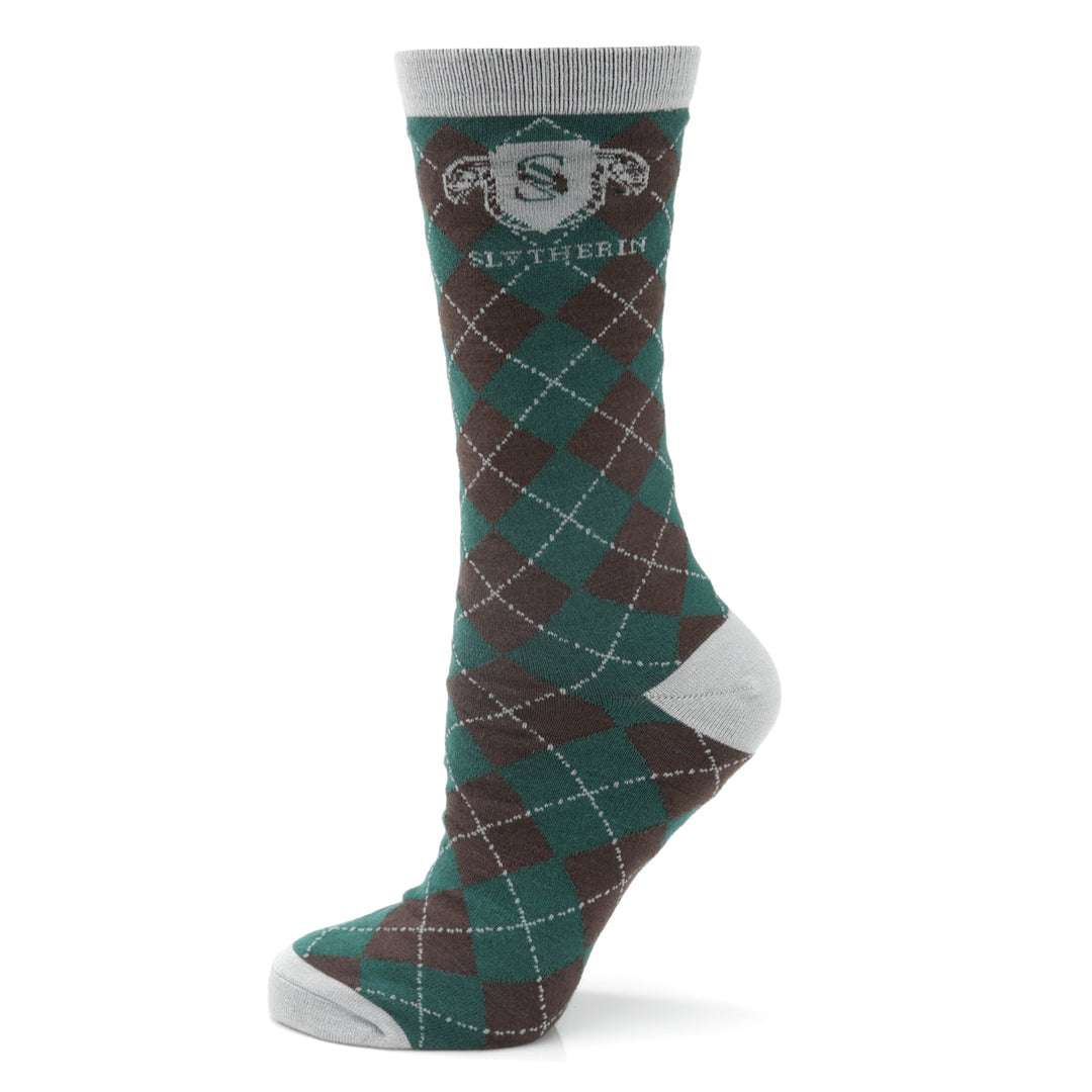 Harry Potter Slytherin Men’s Sock in green and brown argyle with the house crest at the cuff.