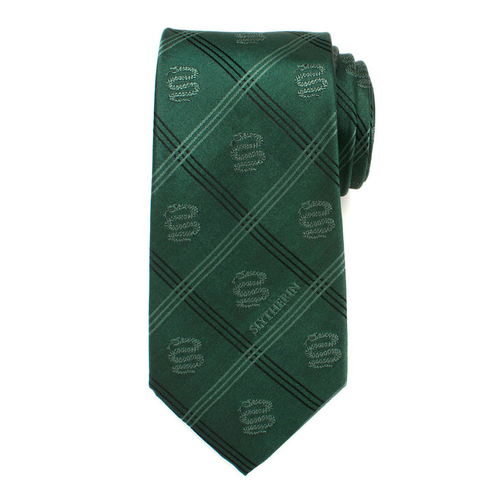 Harry Potter Slytherin Plaid Tie in green with a dark green pattern, repeated snake crest icons, and the word “Slytherin” near the tip.