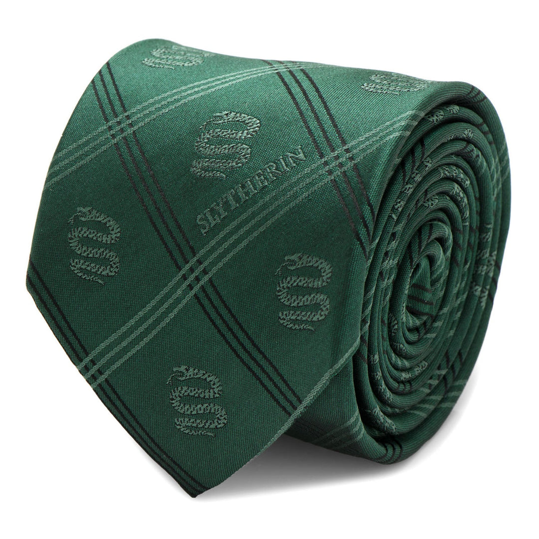 Harry Potter Slytherin Plaid Tie in green, featuring the word “Slytherin” and repeated snake icons.