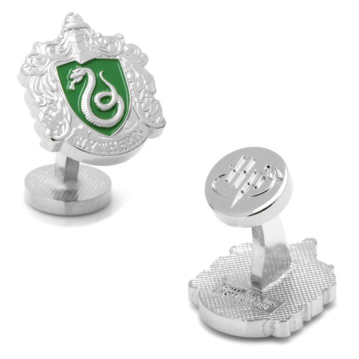 Harry Potter Slytherin Crest Cufflinks: two silver-tone pieces, one featuring a green shield with a snake emblem and “Slytherin,” the other an embossed HP logo.