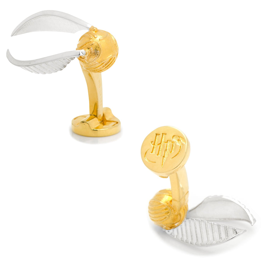 Harry Potter Golden Snitch 3D Cufflinks, each shaped like a winged gold-tone ball with a round backing embossed with the initials HP.