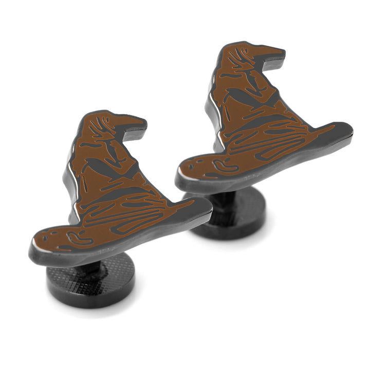 Two Harry Potter Sorting Hat Cufflinks shaped like weathered, pointed wizard hats with brown detailing.